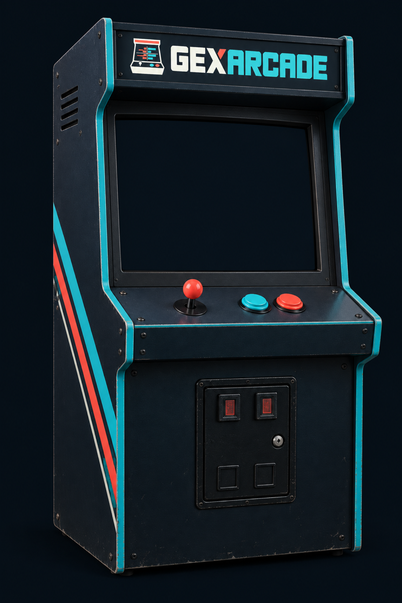 Classic GEXARCADE arcade console with joystick, buttons and the Gamma girders market climbing game on its screen